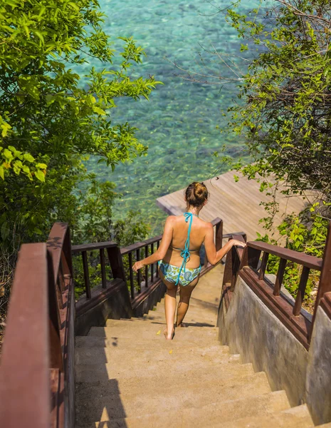 Giovane donna sul ponte di legno vicino all'oceano . — Foto Stock