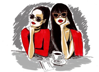 Kırmızı giysili iki seksi kız