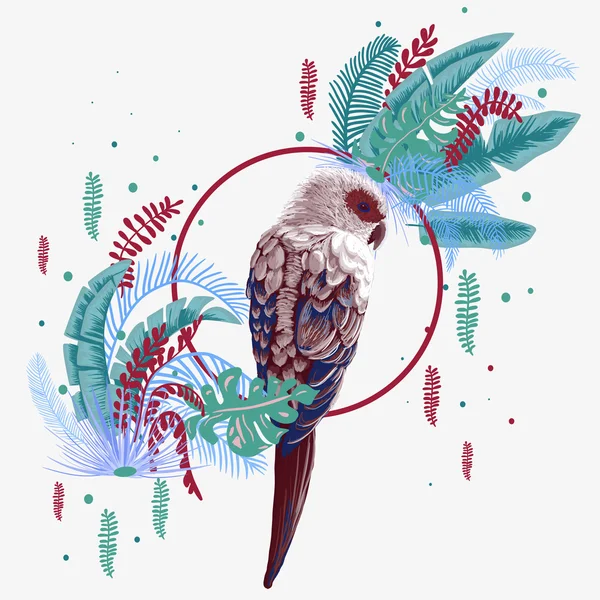 Brillante pájaro en hojas de selva — Archivo Imágenes Vectoriales