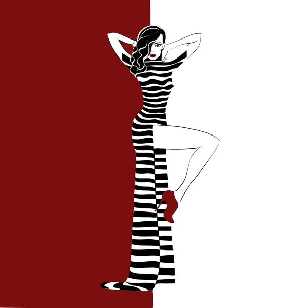 Vrouw in lang gestreepte jurk — Stockvector