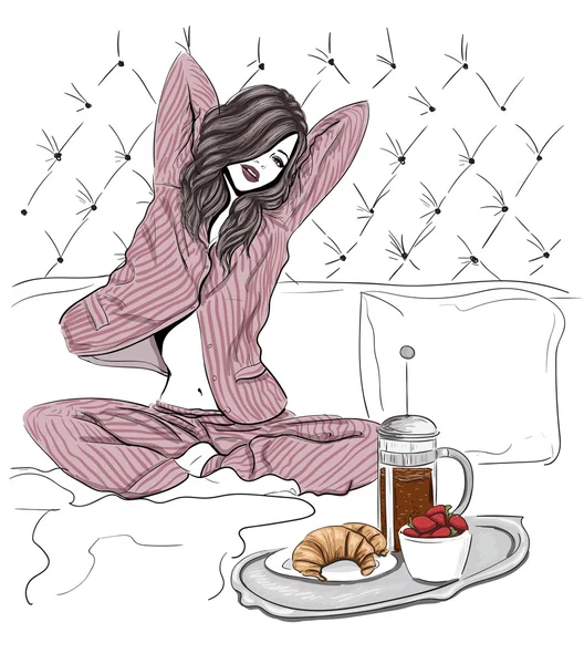 Mujer de la mañana en la cama boceto — Vector de stock