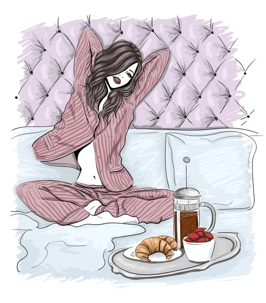 Mujer de la mañana en cama — Vector de stock