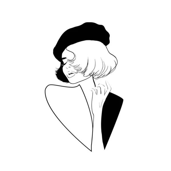 Béret noir femme sensuelle aux cheveux courts — Image vectorielle