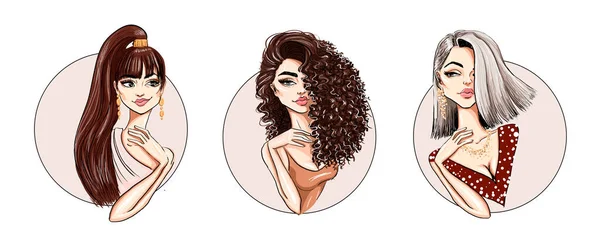 Conjunto de tres peinados geniales con chicas sonrientes — Vector de stock