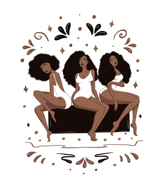 Magabiztos afro-amerikai nők fürdőruhában plusz méret — Stock Vector