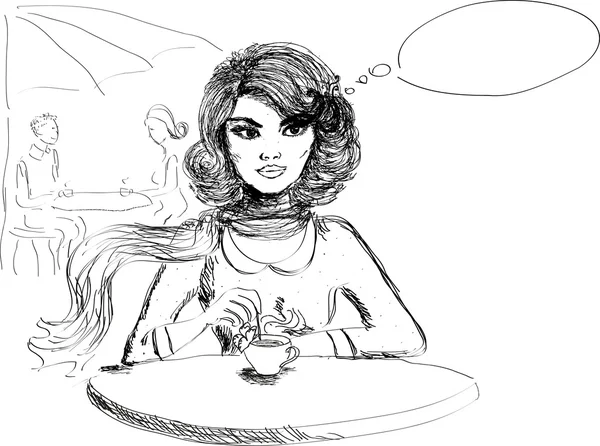 Ruky nakreslené žena, pití kávy a snění — Stockový vektor