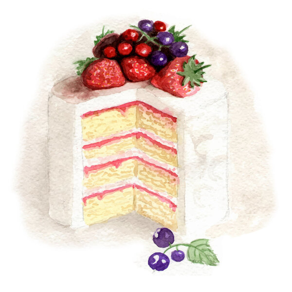 Watercolor white cake with fruits