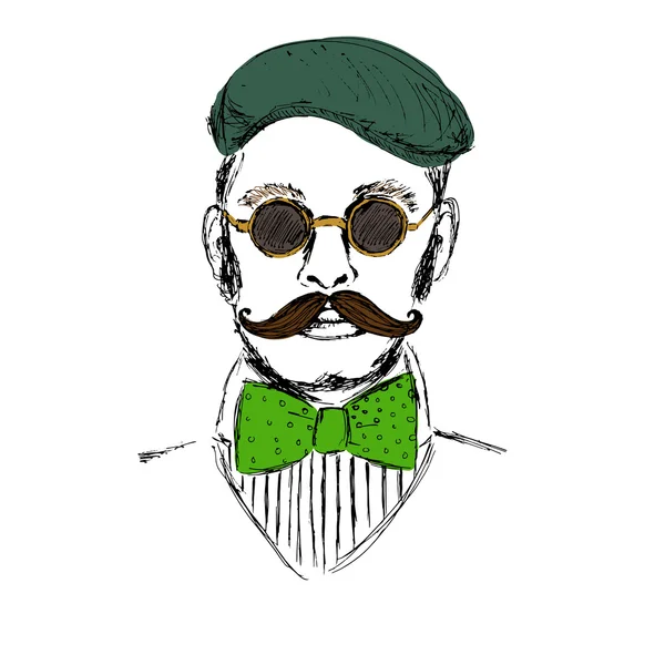 Hombre dibujado a mano en gorra verde y corbata — Vector de stock