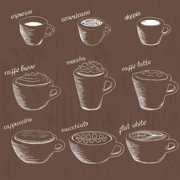 Tipos de café dibujados a mano — Vector de stock