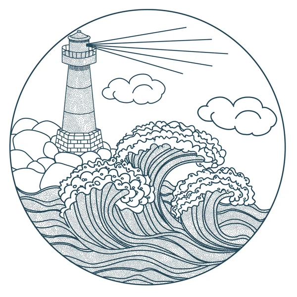 Faro en el icono de las olas — Vector de stock