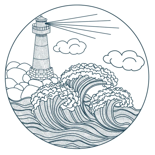 Маяк в волнах значок — стоковый вектор