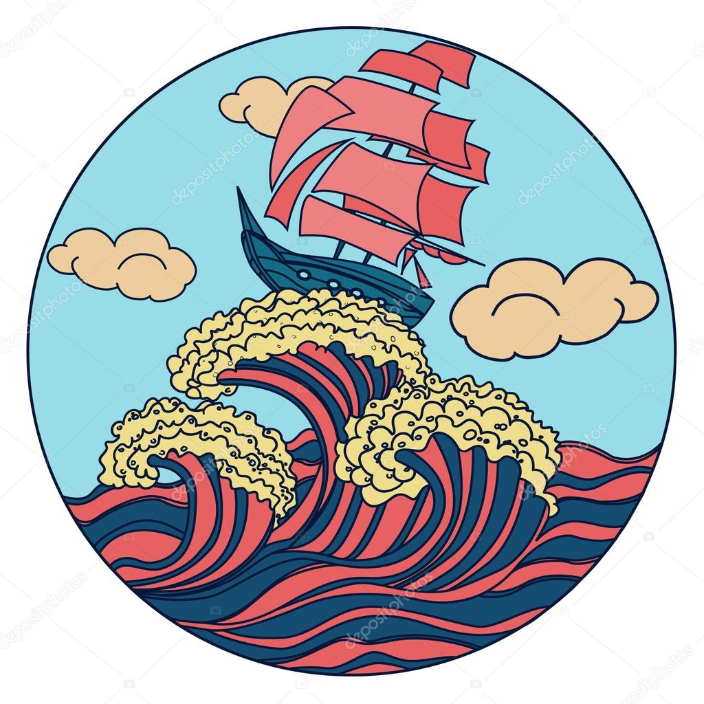 ship on the waves colored icon