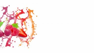 Dilimlenmiş meyve koleksiyonu ve gökkuşağı renginde meyve suyu. Sağlıklı yiyecek ve içecek konsepti. Beyaz arka planda izole edilmiş. Stop motion 4k video, yüksek kaliteli.