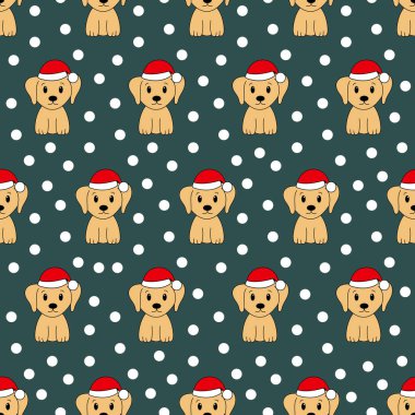 Labrador çizgi filmiyle kusursuz desen. Noel deseni. Vektör illüstrasyonu.