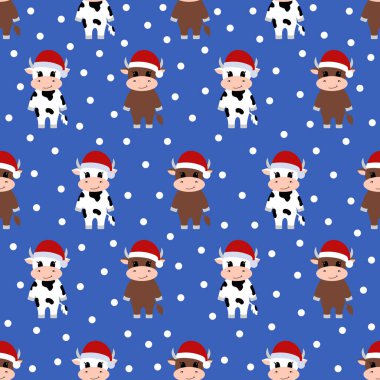 Kusursuz desenli, Noel Baba şapkalı çizgi film ineği. Yeni yıl 2021. Vektör illüstrasyonu.