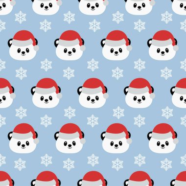Çizgi roman pandasıyla kusursuz desen. Vektör çizimi. Noel arkaplanı.