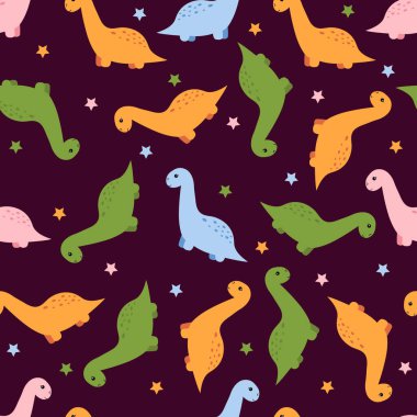 Şirin kawaii dinozoru olan kusursuz bir desen. Vektör illüstrasyonu.