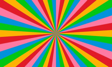 Gökkuşağı renk patlaması arka planı. Geçmişe dönük ışınlar. Vektör.