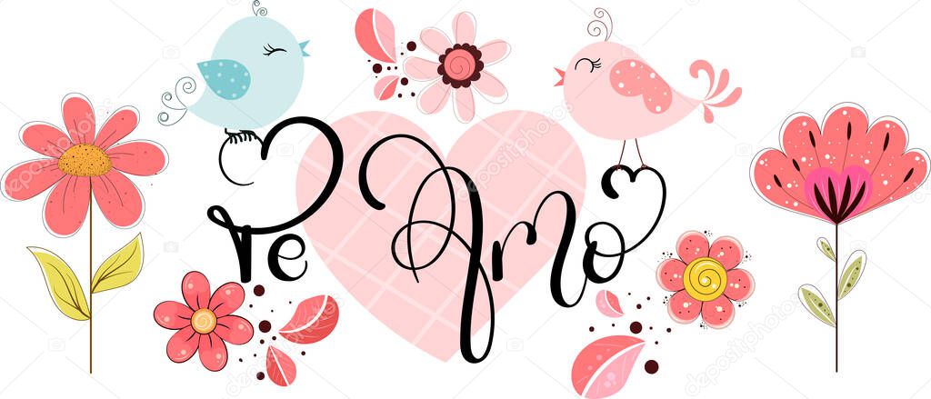 Love you text vector with ornaments. Hearts illustration vintage. Infinity love, valentine's day greeting card. I love you