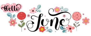 Merhaba June. Çiçekler, kelebekler ve yapraklarla Haziran ayı vektör dekorasyonu. Resim ayı Haziran