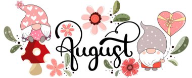 Merhaba August. Çiçek cüceleri ve yapraklarıyla Ağustos ayı vektörü. Çiçek süsleme. İllüstrasyon ayı Ağustos