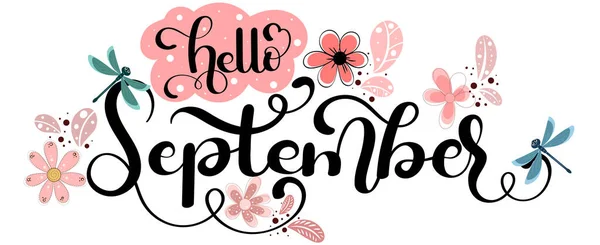 Hallo September September Monatsvektordekoration Mit Blumen Und Blättern Illustrationsmonat September — Stockvektor