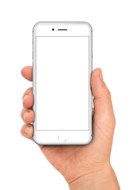 Kadın el beyaz smartphone tutarak