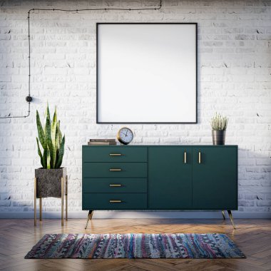 Tuğla duvarlı bir çatı katı, resim kalıpları, altın aksanlı şık yeşil bir dolap ve mekanı canlandıran bir Sansevieria bitkisi.