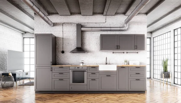 Scandinavian grey color open kitchen in a loft interior with a brick wall, parquet floor and a concrete ceiling