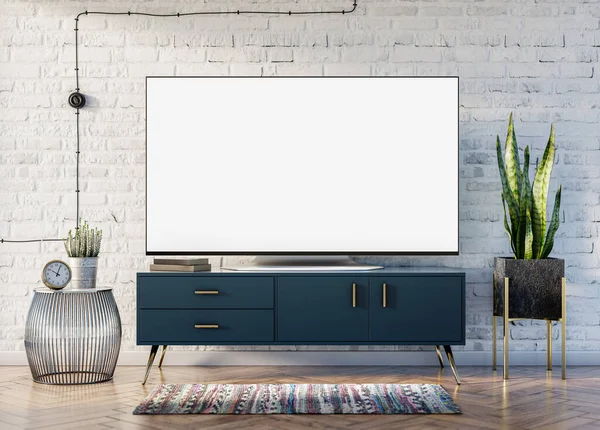 Smart TV blank screen in loft interior with a brick wall, a stylish blue cabinet with golden accents and a Sansevieria plant enlivening the space