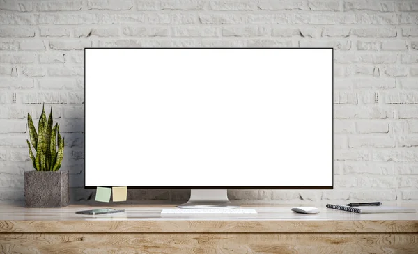 Modern frameless workstation computer monitor, blank screen on wooden table - 3d illustration. White brick wall in industrial office