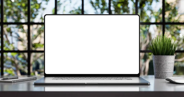 Laptop Con Modello Modello Schermo Senza Cornice Vuoto Sul Tavolo — Foto Stock