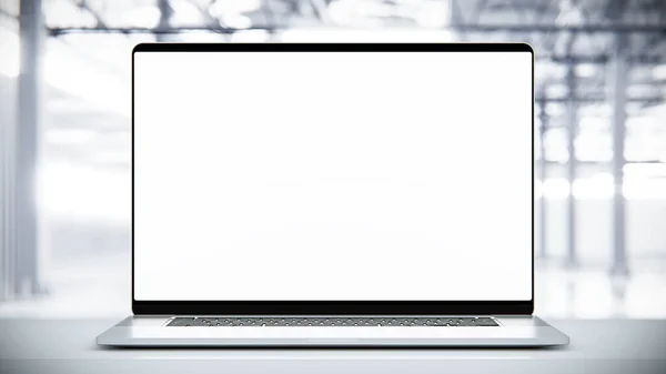 Laptop Com Tela Branco Sem Moldura Novo Armazém Produção Salão — Fotografia de Stock