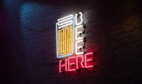 Neon Beer Qui Logo Muro Mattoni — Foto Stock