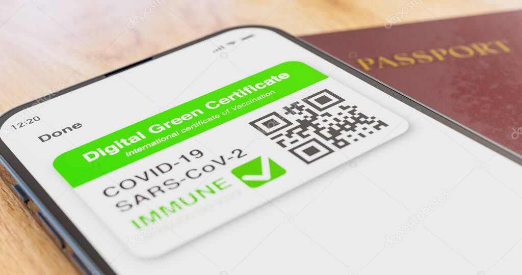 Digital green card certificate with covid-19 immune on smartphone screen. Blurred airplane in background	