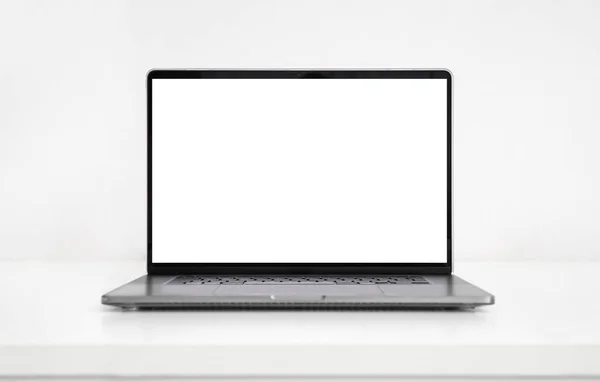 Laptop Blank Screen Isolated White Wooden Table — Stock Photo, Image