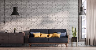 Tuğla duvarlı çatı katı, İskandinav tarzı şık bir kanepe ve ahşap aksanlı.