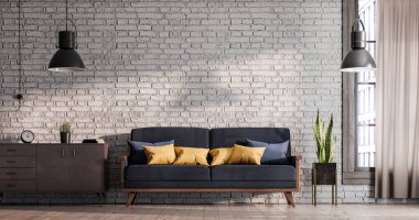 Tuğla duvarlı çatı katı, İskandinav tarzı şık bir kanepe ve ahşap aksanlı.