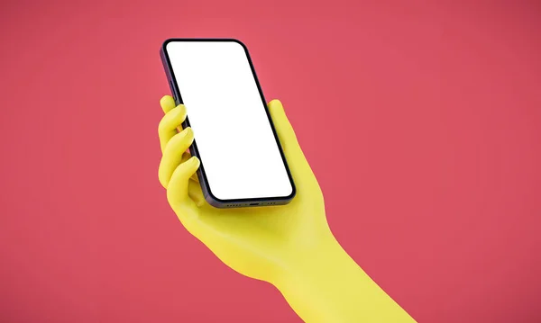 Hand are holding smartphone with blank screen - 3d rendered yellow hands on red background