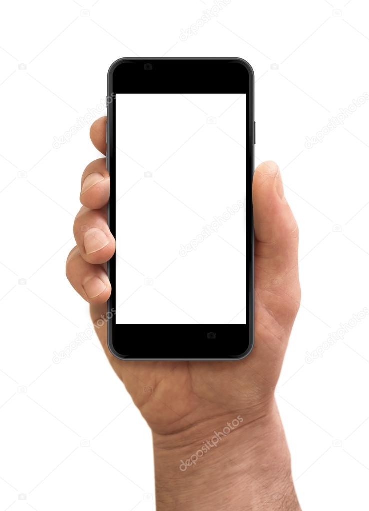 Man hand holding the smartphone with blank screen isolated on white.