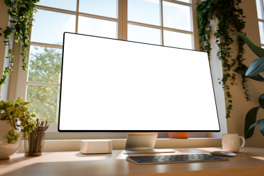 Modern bilgisayar monitörü boş bir ekran ile ahşap bir masa üzerinde sol perspektiften gösterilen parlak bir ev içi ofis iç mimarisi.