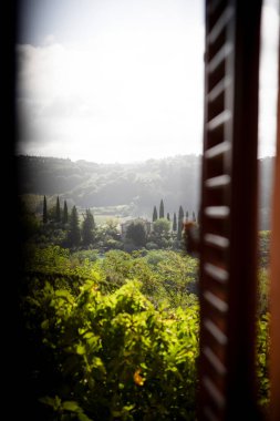 Renkli, sisli bir manzara selvi ağaçları ve pencere panjuruyla çerçevelenmiş tepe arazisi. İtalya Toskana