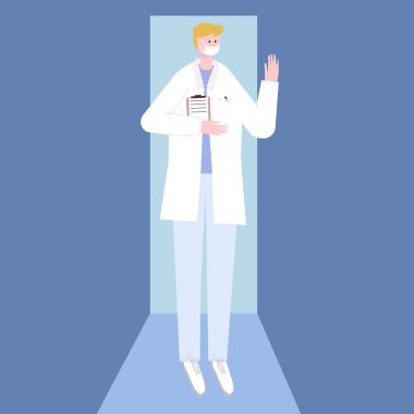 Maskeli bir erkek doktor avucuyla selam veriyor. Doktor odaya girdi ve kapının arka planında durdu. Web sayfaları ve e- postalar için düz biçimli vektör illüstrasyonu.