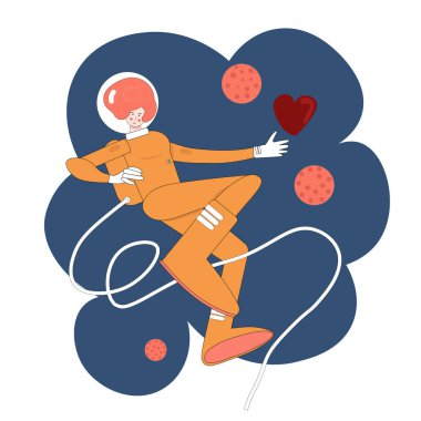 Astronot kız uzayda kırmızı kalbe uzanıyor. Sevgililer Günü için tebrik kartı ya da afiş. Lush Lav ve Blues trend renkleri. Kozmik aşk kavramı. Yıldızlar arasında kozmonot