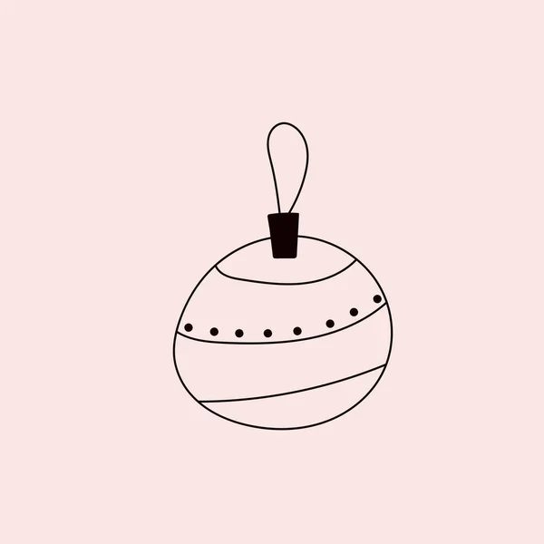 Χριστουγεννιάτικο παιχνίδι σε χριστουγεννιάτικο δέντρο, μπάλα σε σκοινί. Στυλ Doodle. αερόστατο θερμού αέρα μαύρο και άσπρο doodle στυλ — Διανυσματικό Αρχείο
