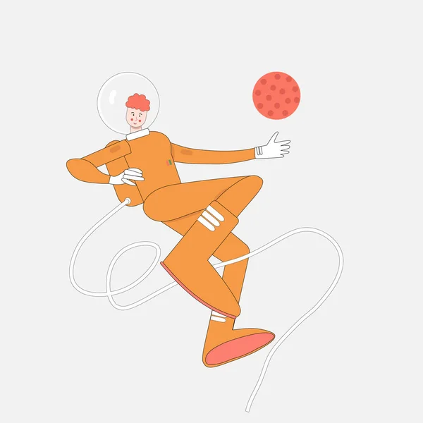 Cute red-haired teen boy wants to be cosmonaut in future. Cartoon child wearing astronaut costume and holding protective helmet. Dream profession. Flat vector design. — Stock Vector