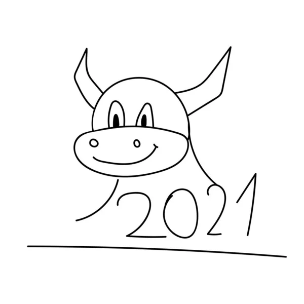 Az új év szimbóluma 2021-ben. Baromság. Doodle rajz. Vektor fekete-fehér illusztráció. — Stock Vector