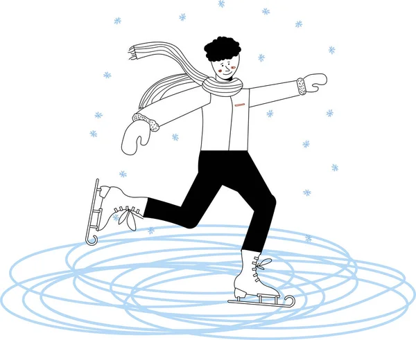 Glimlachende man in een donsjaal, hoofdtelefoon en schaatsen. Winter entertainment, sport, activiteit. Vector grappige doodle stijl illustratie met een schaatsbaan achtergrond. — Stockvector