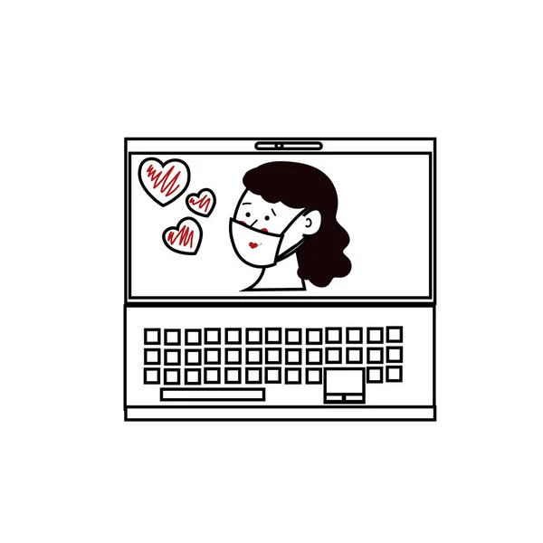 발렌타인데이 온라인 축하 행사 Coronavirus.Couple using Laptop for Online Communication. Distance.Virtual date 에서의 사랑. 벡터의 추상적 배경, 색, 삽화 — 스톡 벡터