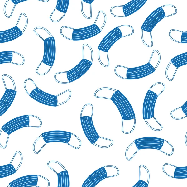 Bezszwowy wzór z niebieskimi medycznymi maskami na białym tle. Nowoczesny abstrakcyjny design na papier, okładkę i tkaninę. ilustracja wektor w stylu doodle. — Wektor stockowy